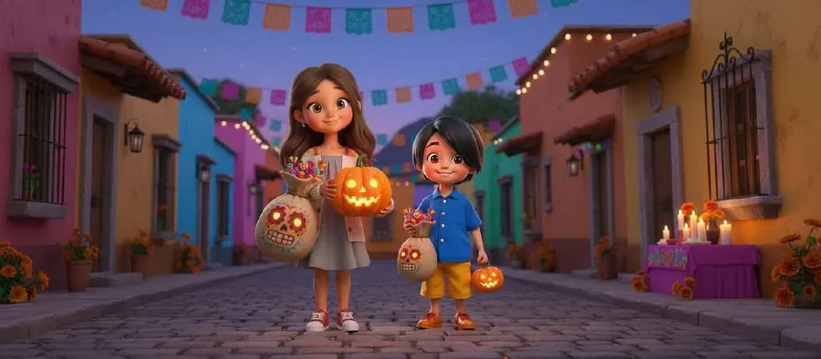 Dos hermanos con sus cestas y sus calabazas iluminadas vuelven a casa por una calle de casas de colores adornada con papel picado