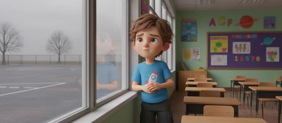 Iker, preocupado, mira por la ventana del aula en un día gris