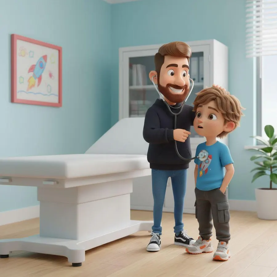 Sergio le pone el fonendo en el pecho a Iker en la consulta del centro de salud