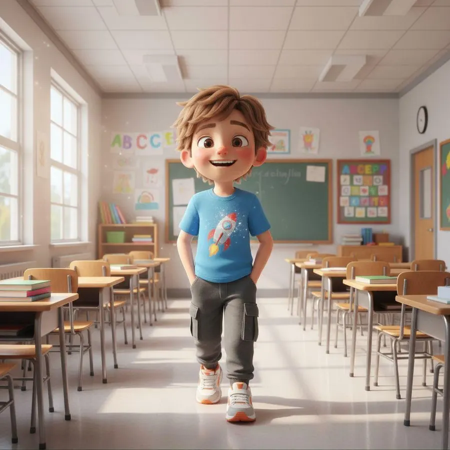 Iker, sonriente, camina por el aula después de leer su poema