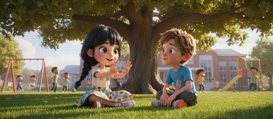 Abril e Iker charlan sentados en la hierba bajo el árbol del patio