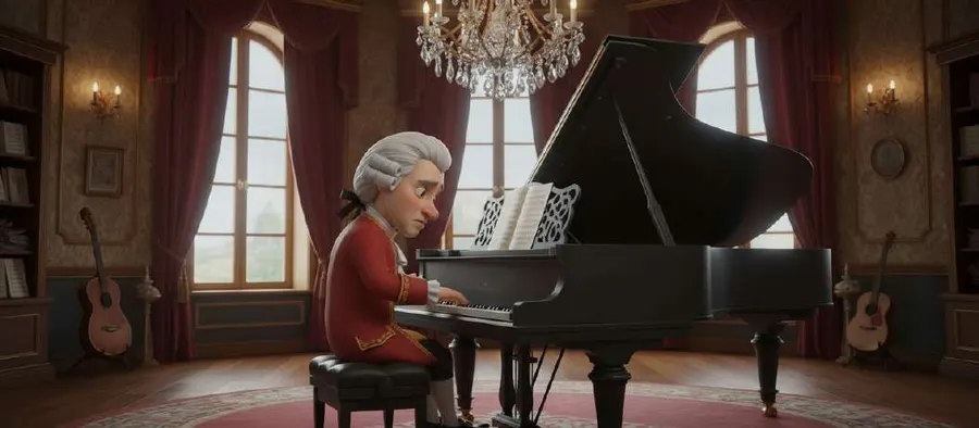 Mozart, sentado al piano de cola de su salón, mira las teclas que ya no suenan