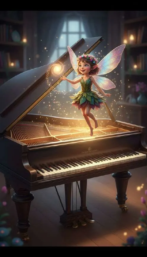 Melodía, un hada diminuta, sale volando del interior del piano dejando un rastro de luz dorada