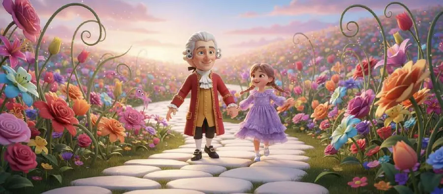 Mozart y Clara caminan de la mano por un sendero de piedras blancas entre flores enormes de colores