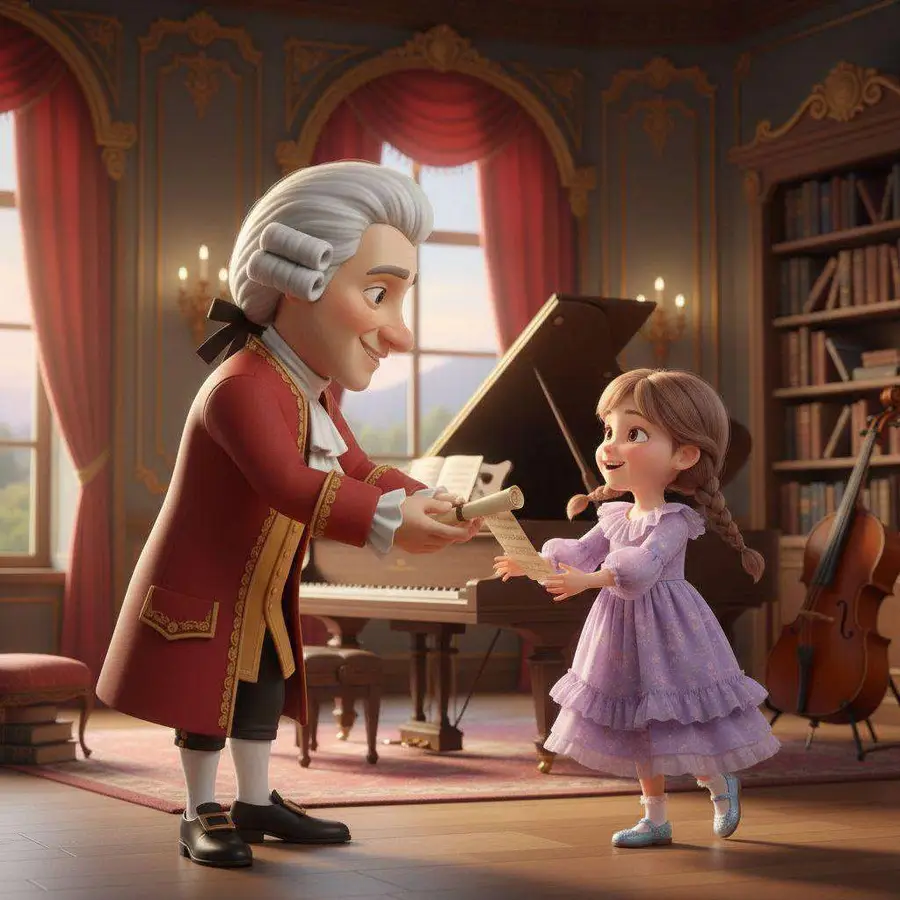 Mozart le entrega a Clara una partitura junto al piano del salón