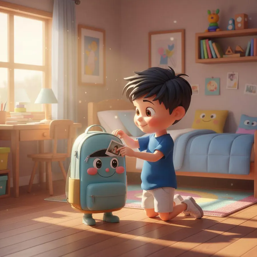 Teo, de rodillas en su cuarto, guarda la foto con su papá dentro de Muki, su mochila azul con ojos