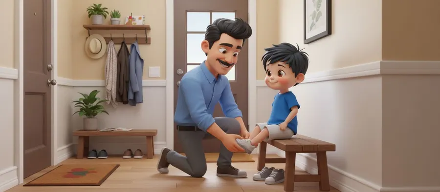 Javier, de rodillas en la entrada de casa, le ata los zapatos a Teo, sentado en un banco