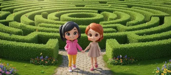 Dos niños cogidos de la mano a la entrada de un laberinto de setos verdes recortados