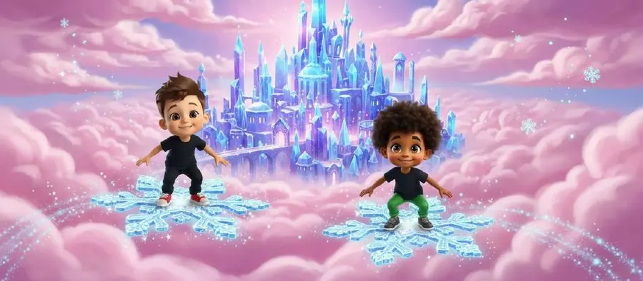 Dos niños contemplan desde las nubes rosadas una ciudad de torres de cristal levantada sobre montañas nevadas