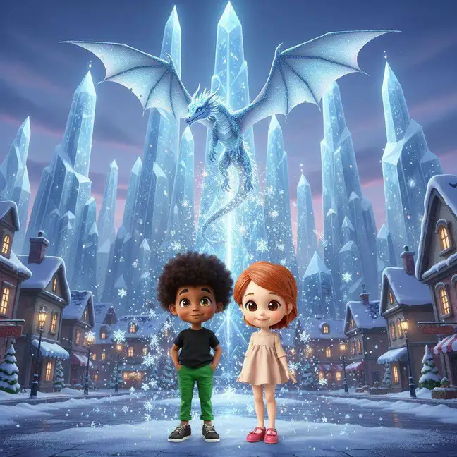 Un dragón de hielo translúcido despliega sus alas sobre unas torres de cristal mientras dos niños lo observan desde abajo