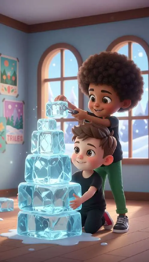 Tres niños apilan con cuidado bloques de hielo transparentes para levantar una torre en una habitación luminosa