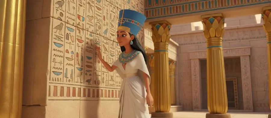 Nefertiti, con su corona azul, recorre con la mano una pared cubierta de jeroglíficos entre columnas doradas