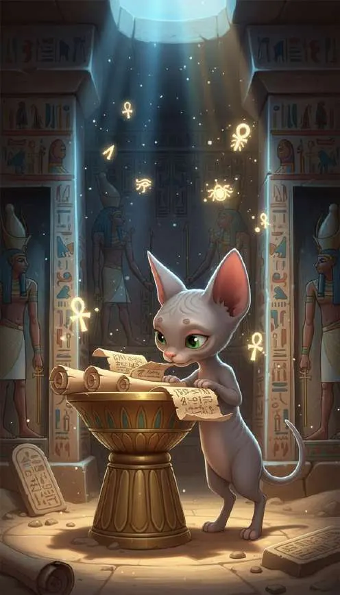 Miu, el gato del templo, olfatea los papiros enrollados sobre un pedestal dorado