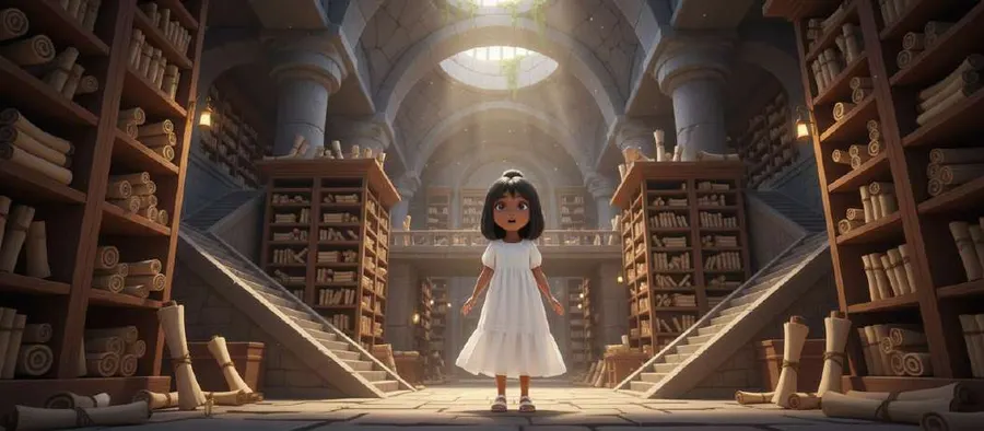 Nahia, diminuta, en la entrada de una biblioteca subterránea con estanterías de papiros hasta el techo
