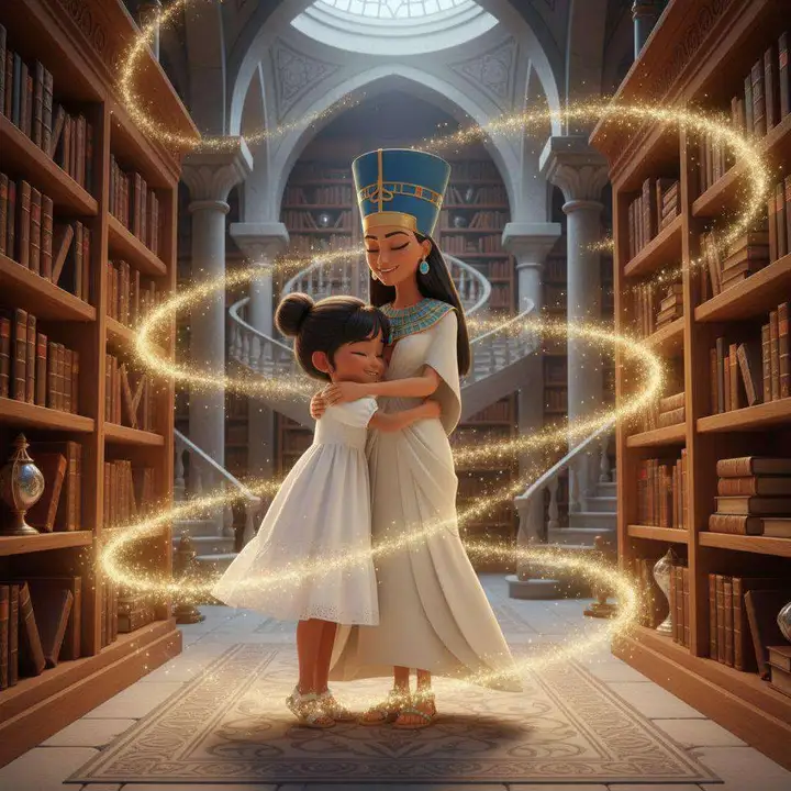 Nefertiti abraza a Nahia entre dos espirales de luz dorada, en medio de la biblioteca