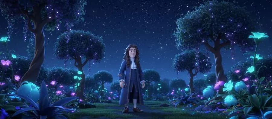 Newton, solo en su jardín de noche, entre árboles y flores que brillan con luz azul