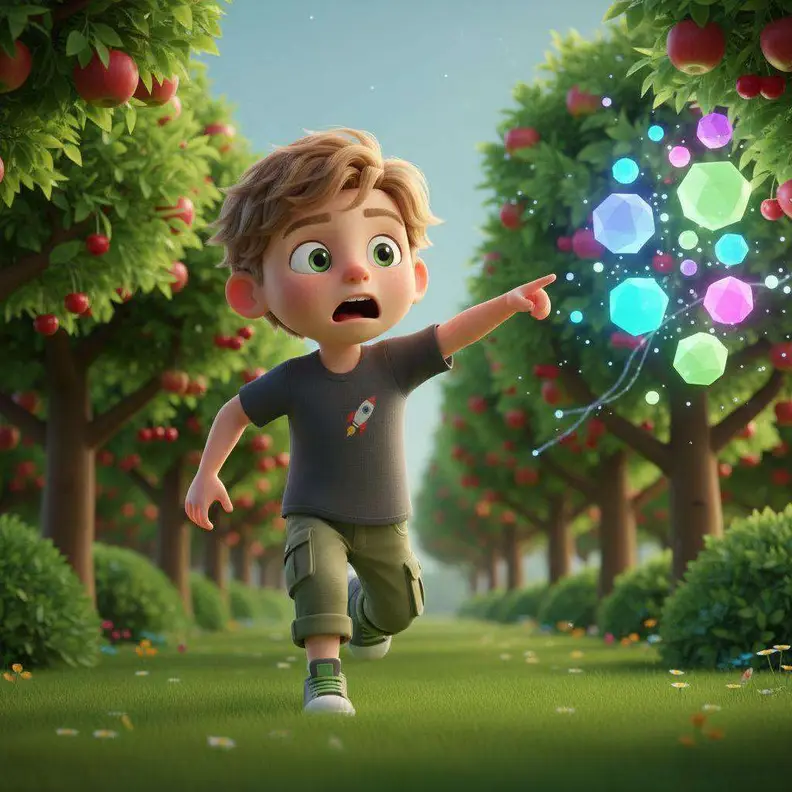 Leo corre por el huerto señalando unas formas de colores que flotan entre los manzanos
