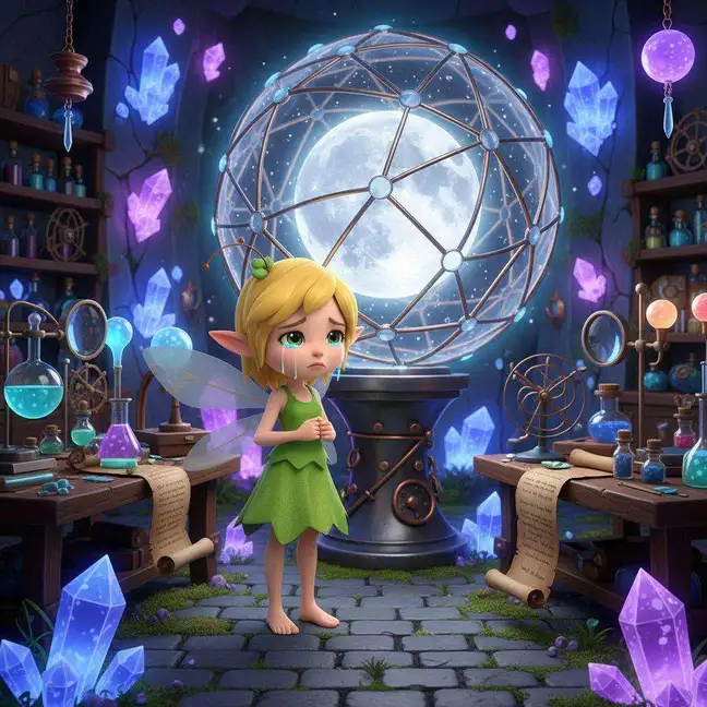 Olivia, el hada, llora ante una esfera de cristal con la Luna encerrada dentro, en un laboratorio lleno de cristales de colores
