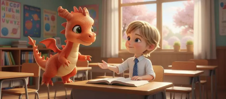 Flami, un dragoncito naranja, revolotea junto al pupitre de Nico, que le tiende la mano con un libro abierto delante