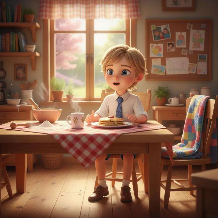 Nico desayuna solo en la mesa de la cocina, con un mantel de cuadros rojos y un tablón de fotos y dibujos al fondo
