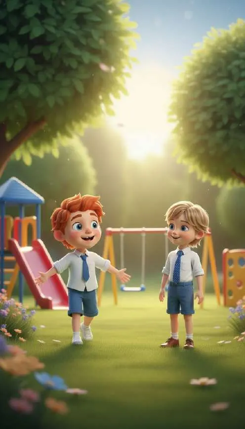 Nico y Álvaro se encuentran en el patio al atardecer, con el tobogán y los columpios detrás