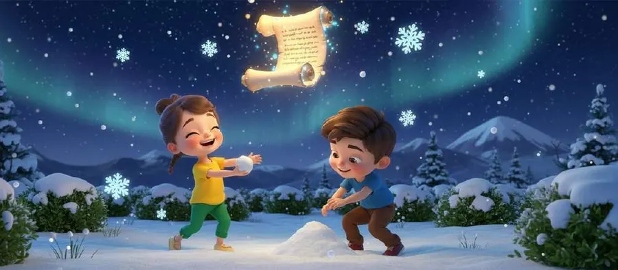 Dos niños juegan en un jardín nevado bajo una aurora verde mientras un papiro luminoso cae del cielo estrellado