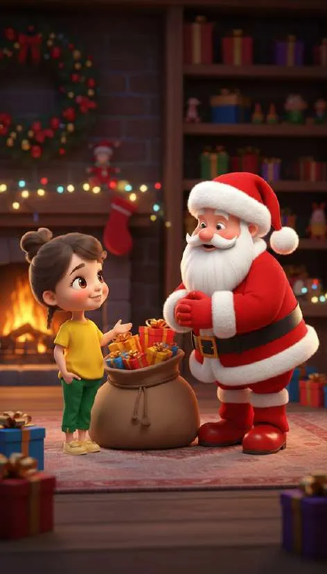 Papá Noel entrega un saco lleno de regalos a una niña junto a la chimenea de un taller decorado con guirnaldas