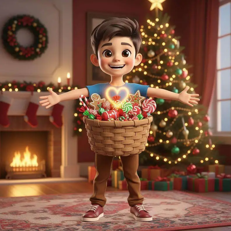 Un niño sostiene con los brazos abiertos una cesta rebosante de dulces navideños delante del árbol y la chimenea encendida