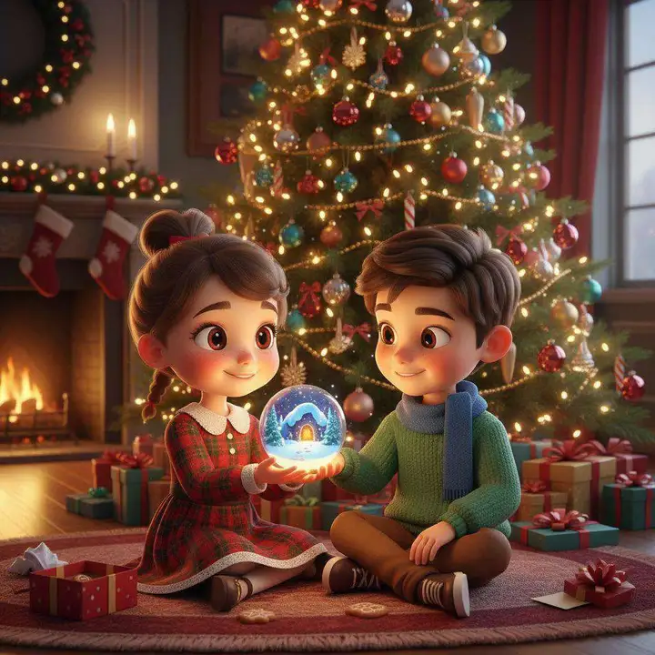 Dos primos sentados en la alfombra sostienen juntos una bola de nieve iluminada delante del árbol de Navidad