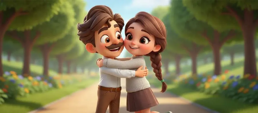 Una pareja se abraza sonriente en un paseo arbolado lleno de flores