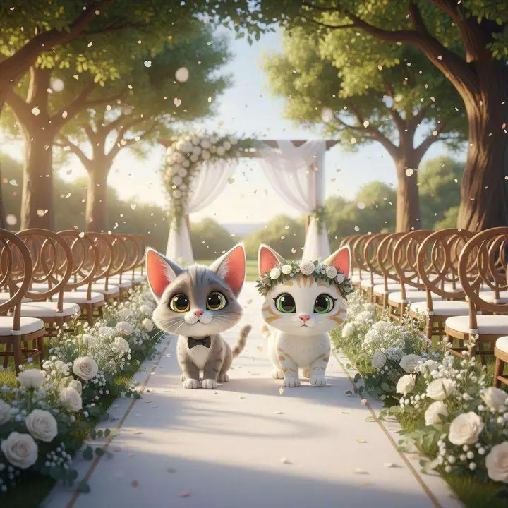 Dos gatos, uno con pajarita y otra con corona de flores, caminan por el pasillo de una boda al aire libre