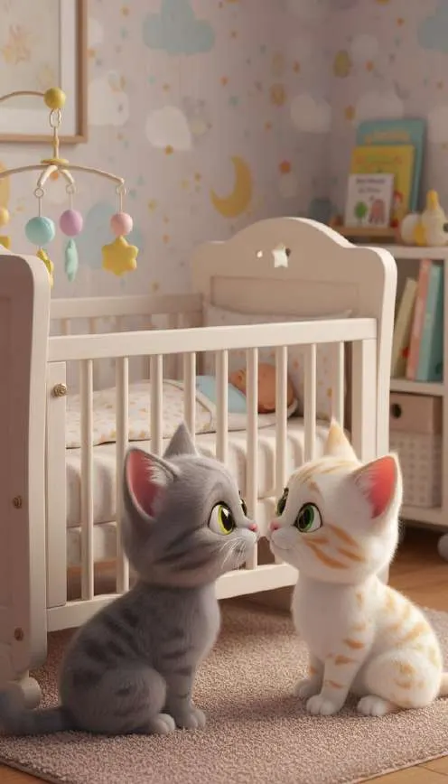 Dos gatos sentados frente a la cuna del bebé se miran el uno al otro en la habitación infantil