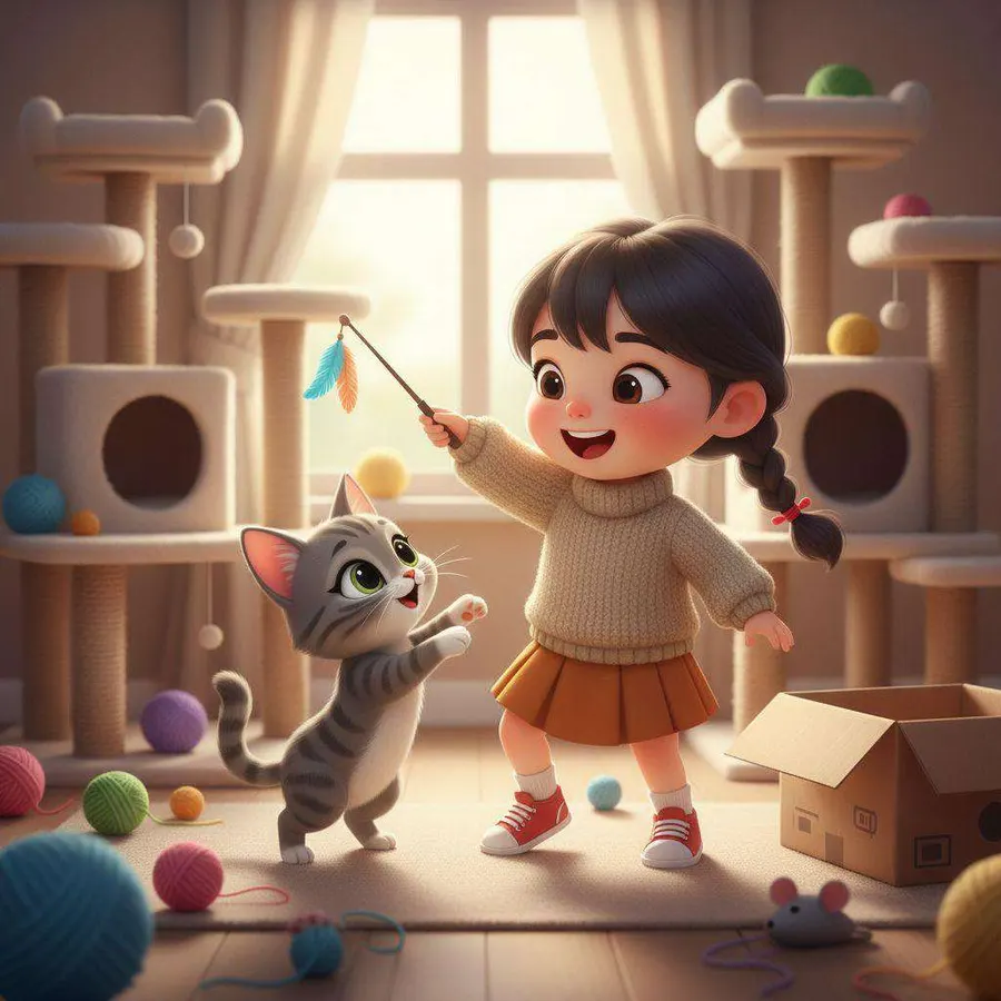 Una niña juega con un gato gris con una caña de plumas en una habitación llena de rascadores y ovillos