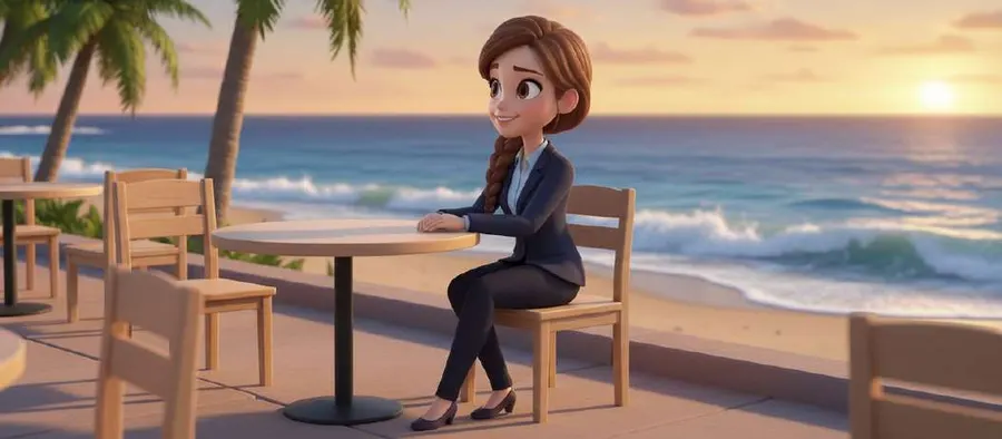 Una mujer sentada sola en la terraza de un café frente al mar mira las olas al atardecer