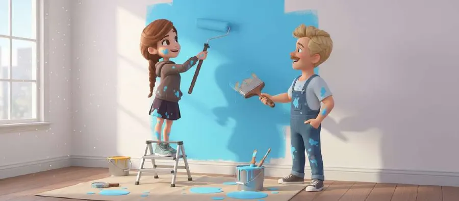 Una pareja pinta de azul cielo la pared de un local vacío, ella con un rodillo subida a una escalera