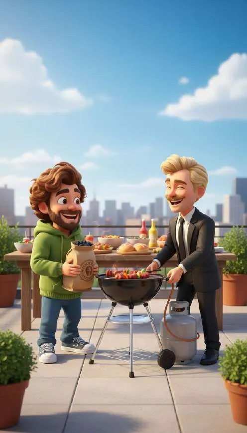 Dos amigos preparan una barbacoa en una terraza con la ciudad de fondo