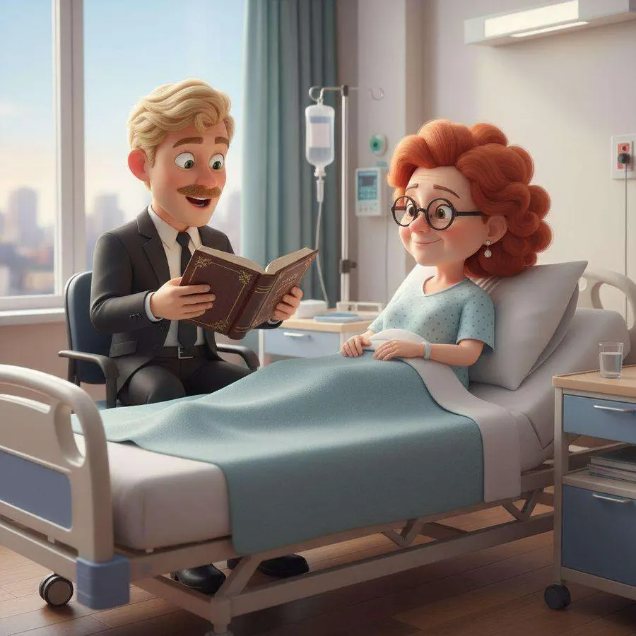 Un hombre lee un libro en voz alta junto a la cama de hospital de una mujer mayor