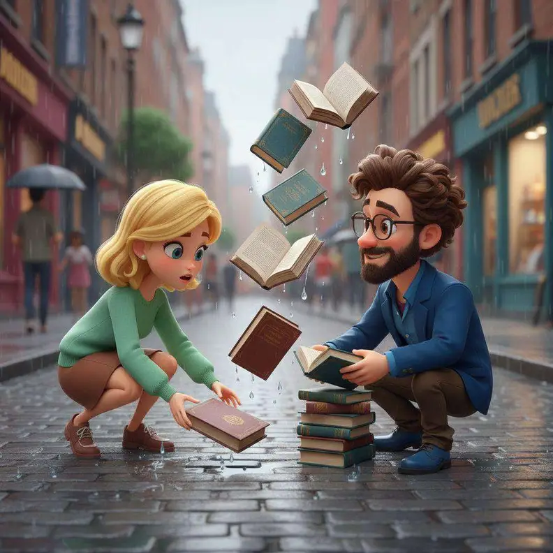 Lucía y Pedro se agachan a recoger libros que vuelan por una calle empedrada y mojada de la ciudad