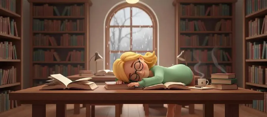 Lucía se ha quedado dormida sobre los libros en una mesa de la biblioteca, con una taza al lado