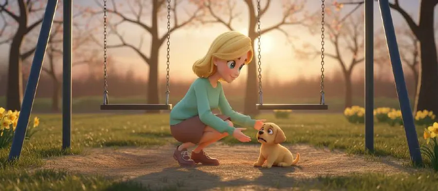 Lucía, agachada junto a los columpios de un parque al atardecer, tiende la mano a un cachorro dorado