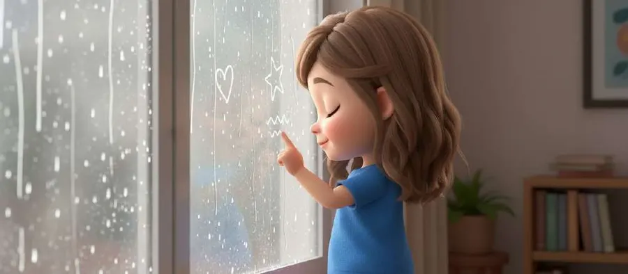 Mila dibuja con el dedo sobre el cristal empañado de la ventana mientras llueve fuera