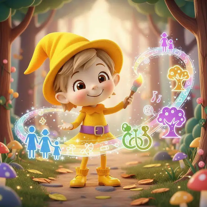 Chispa, con su sombrero amarillo y un pincel, dibuja en el aire siluetas luminosas de familias de todas las formas