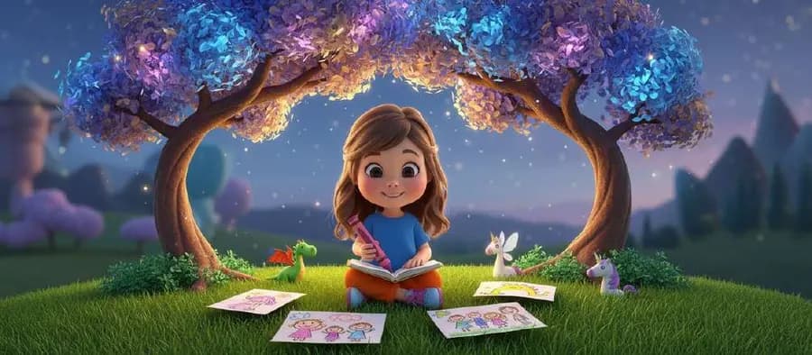 Mila dibuja sentada en la hierba bajo un árbol de copa luminosa, rodeada de sus dibujos