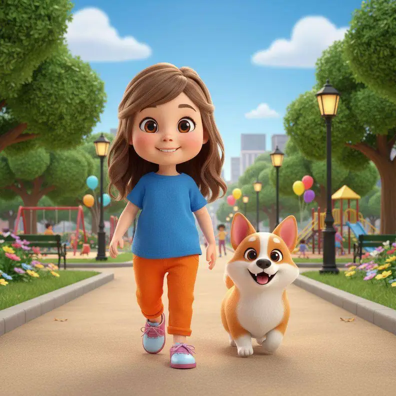 Mila pasea por el parque con Lu trotando a su lado, entre árboles y columpios
