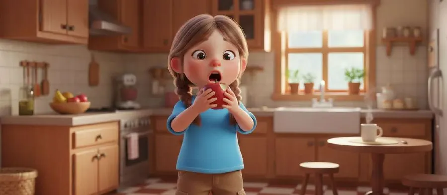 Nuria, en la cocina, se lleva la mano a la boca sorprendida al morder una manzana