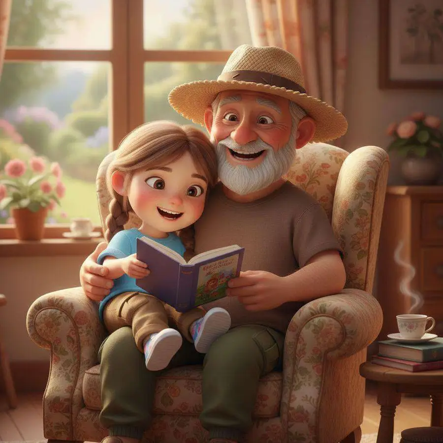 Nuria, sentada en las rodillas de su abuelo, lee con él un libro en un sillón de flores
