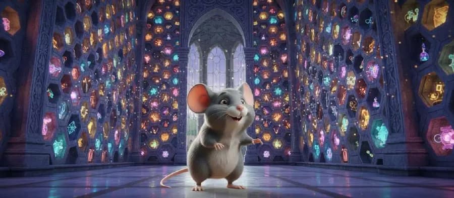 El Ratoncito Pérez camina entre dos muros del palacio llenos de huecos que brillan con luces de colores
