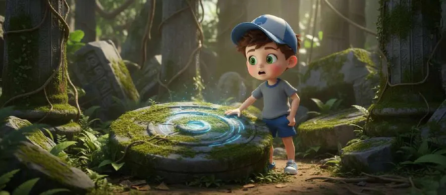 Un niño con gorra observa una piedra circular cubierta de musgo con un remolino de agua brillante en el centro, en un claro del bosque