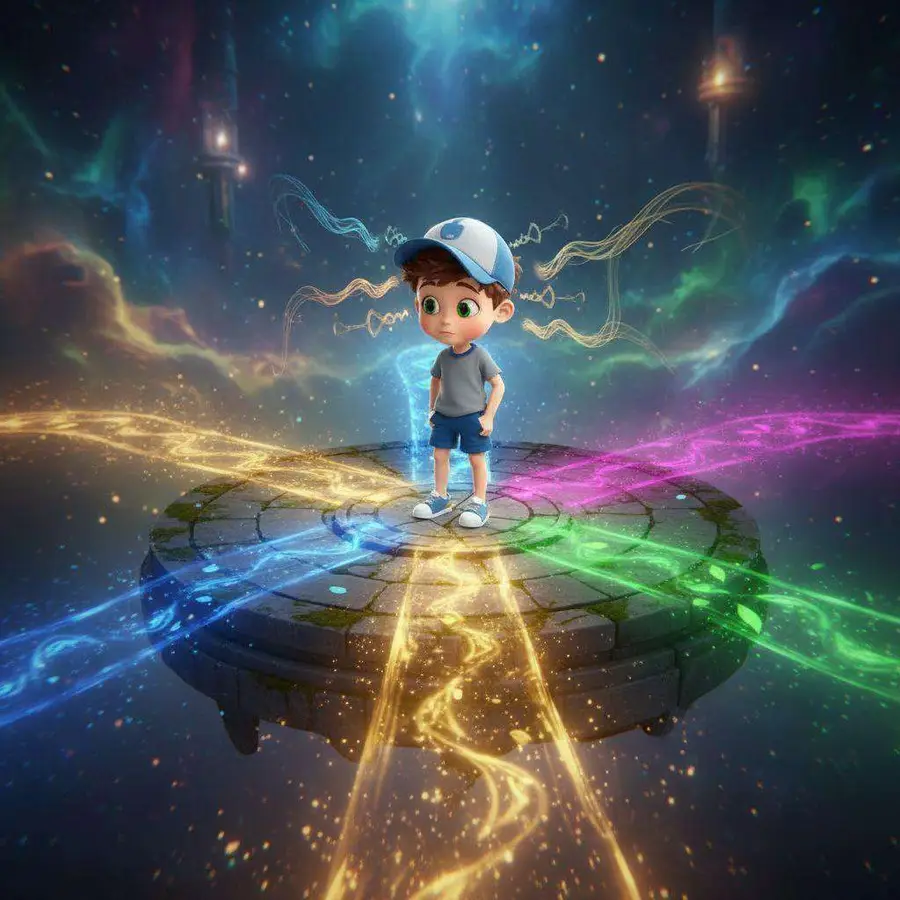 Un niño de pie sobre un disco de piedra del que parten cuatro senderos de luz: azul, verde, dorado y rosa