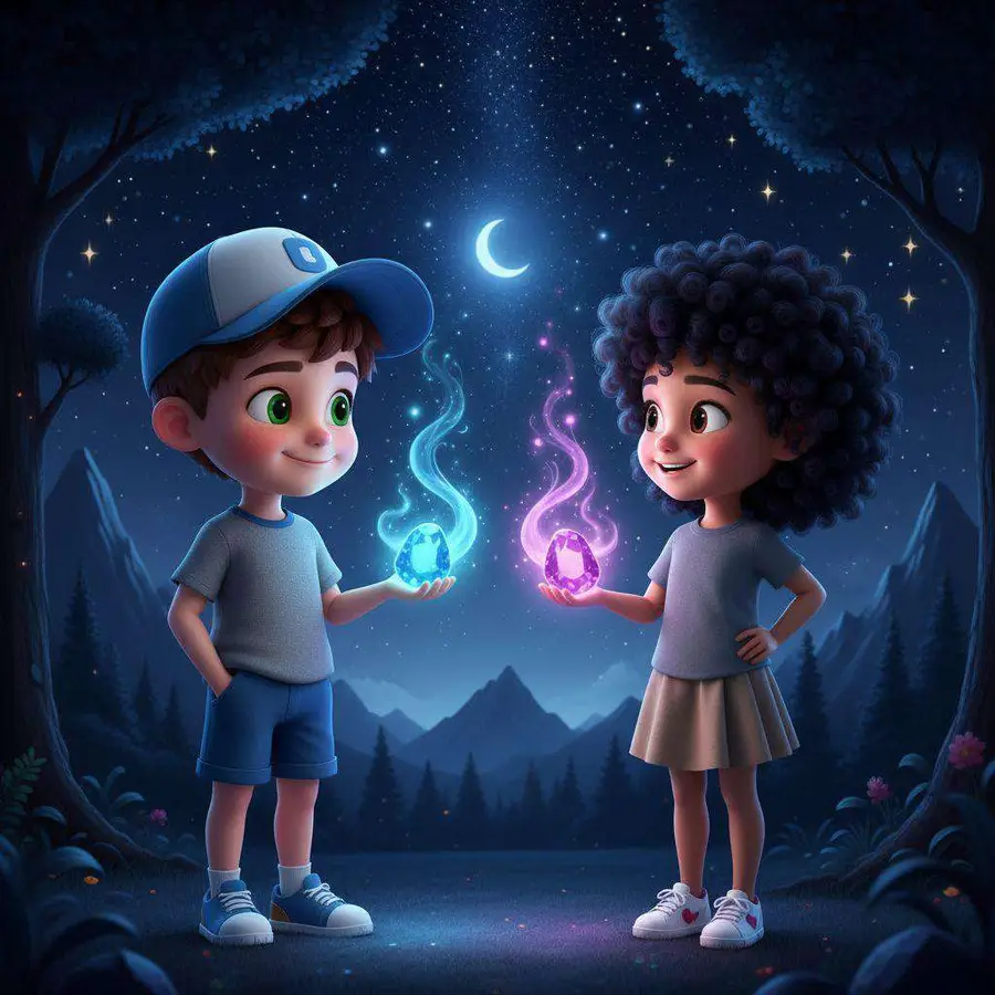 Un niño y una niña sostienen cada uno una piedra brillante, una azul y otra rosa, bajo una luna creciente y un cielo lleno de estrellas